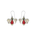 Sterling silver Mother Of Pearl, Red Coral, and Abalone Shell drop earrings with oxidized finish and earwire lock.