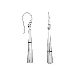 Sterling silver bamboo-inspired long drop earrings with smooth high-polished finish and earwire lock.