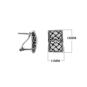 Sterling silver rectangular textured omega earrings with oxidized finish and secure clasp.