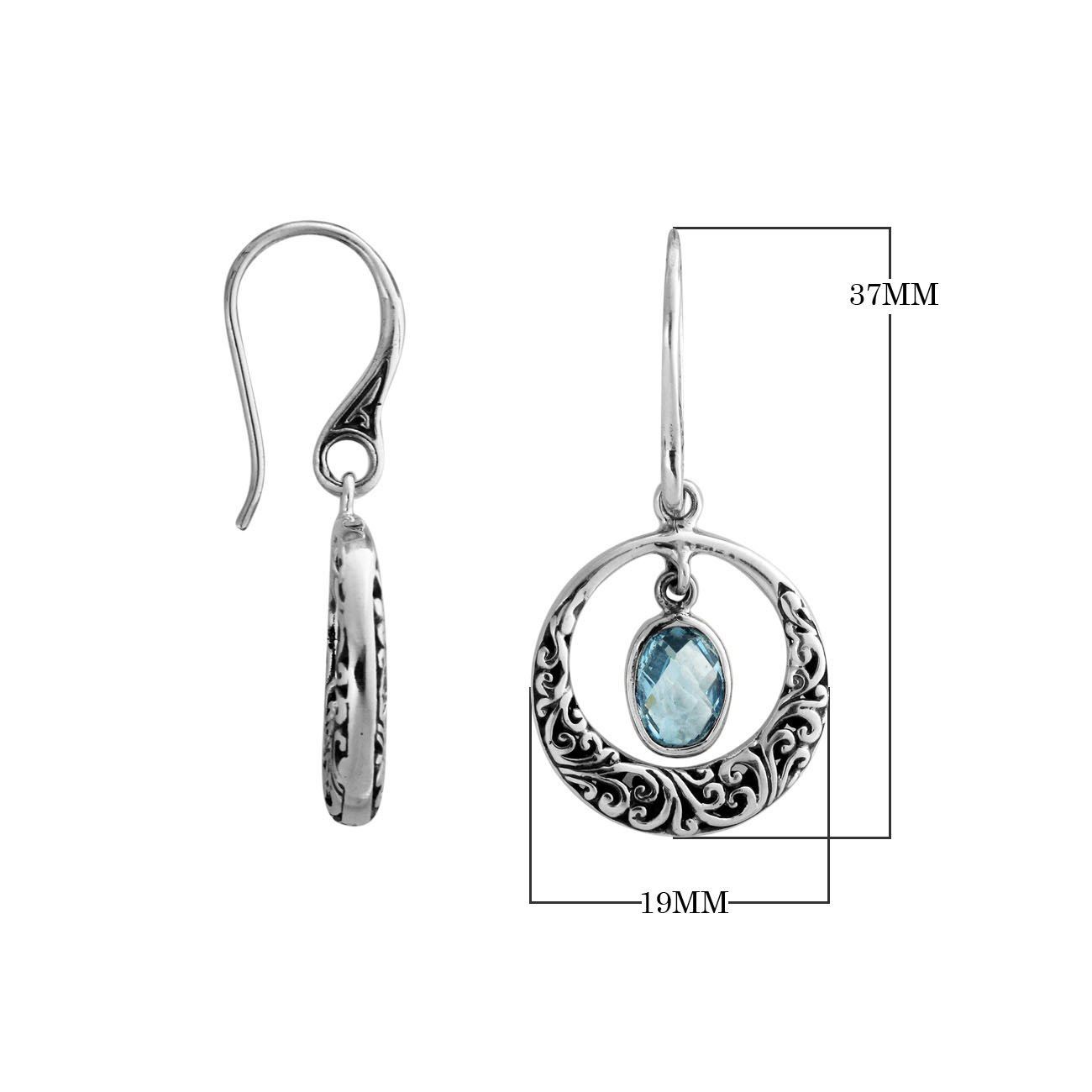 Sterling silver Blue Topaz Quartz round filigree drop earrings with oxidized finish and earwire lock.