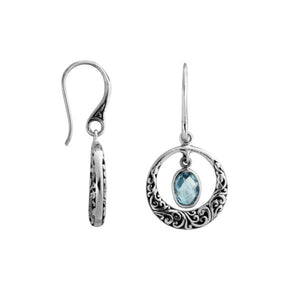 Sterling silver Blue Topaz Quartz round filigree drop earrings with oxidized finish and earwire lock.