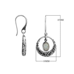 Sterling silver Labradorite Stone round filigree drop earrings with oxidized finish and earwire lock.