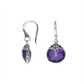 Wholesale sterling silver Amethyst Quartz round drop earrings with oxidized pattern and polished finish.
