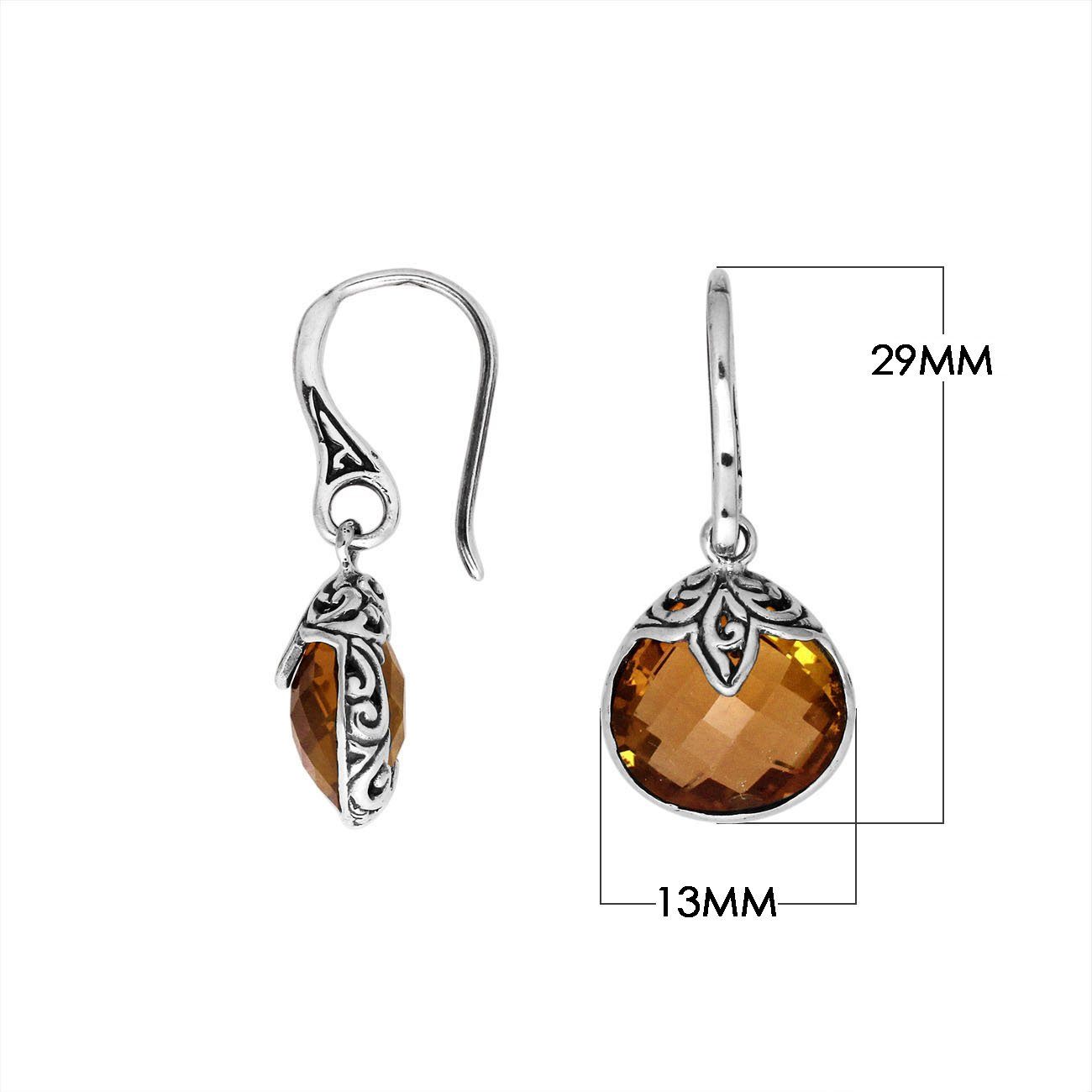 Wholesale sterling silver Citrine Quartz round drop earrings with oxidized detailing and polished finish.