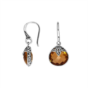 Wholesale sterling silver Citrine Quartz round drop earrings with oxidized detailing and polished finish.