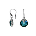 Wholesale sterling silver London Blue Topaz Quartz round drop earrings with oxidized design and polished finish.