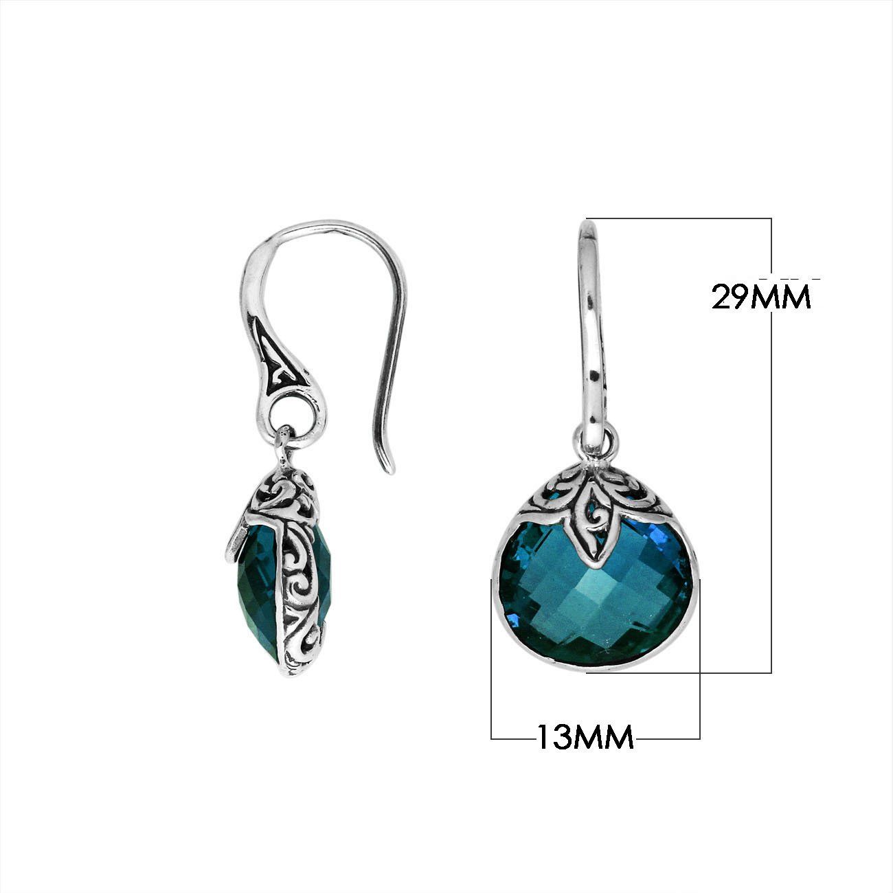 Wholesale sterling silver London Blue Topaz Quartz round drop earrings with oxidized design and polished finish.