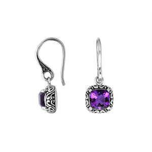 Wholesale sterling silver Amethyst Quartz cushion drop earrings with oxidized detailing and polished finish.