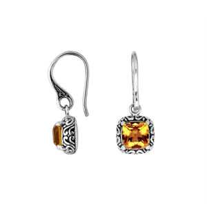 Wholesale sterling silver Citrine Quartz cushion drop earrings with oxidized silver detailing and polished finish.
