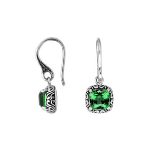 Wholesale sterling silver Green Quartz cushion drop earrings with oxidized detailing and polished finish.
