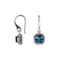 Wholesale sterling silver London Blue Topaz Quartz cushion drop earrings with oxidized silver detailing and polished finish.
