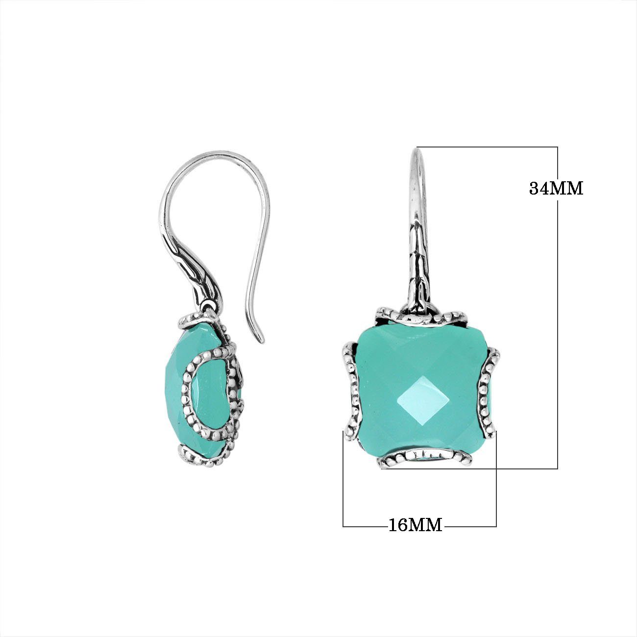 Wholesale sterling silver Green Chalcedony Quartz cushion cut earrings with oxidized silver detailing and polished finish.