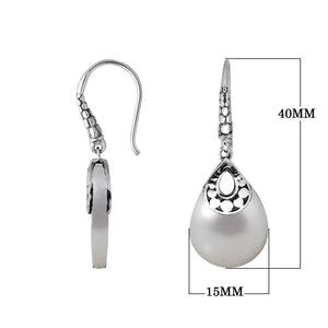 Wholesale sterling silver Mother Of Pearl pear-drop earrings with polished oxidized finish and earwire lock.