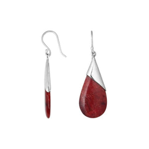 Wholesale sterling silver earrings with Red Coral teardrops and a tapered polished silver cap.
