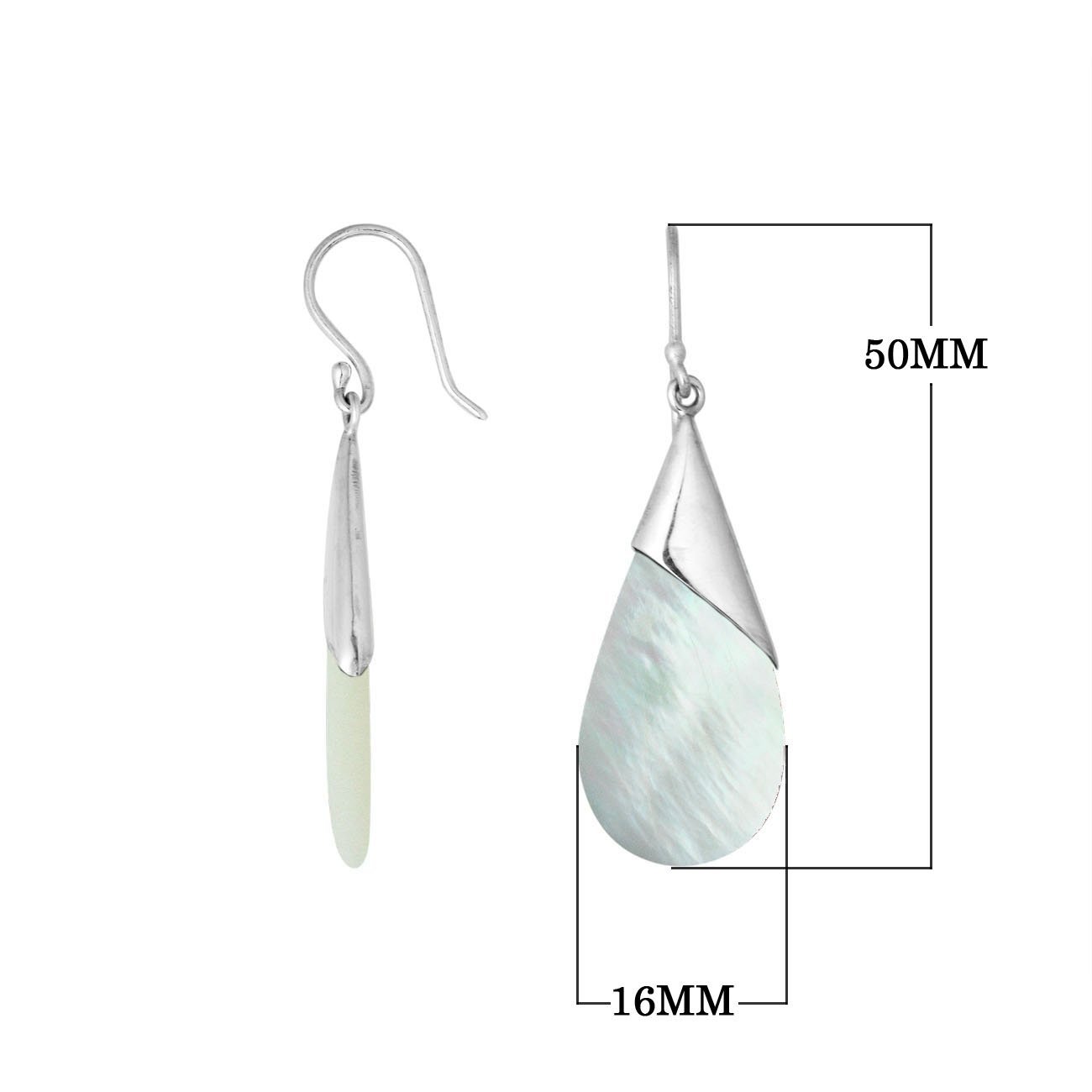 Wholesale sterling silver earrings with Mother Of Pearl teardrops and a polished tapered silver cap.