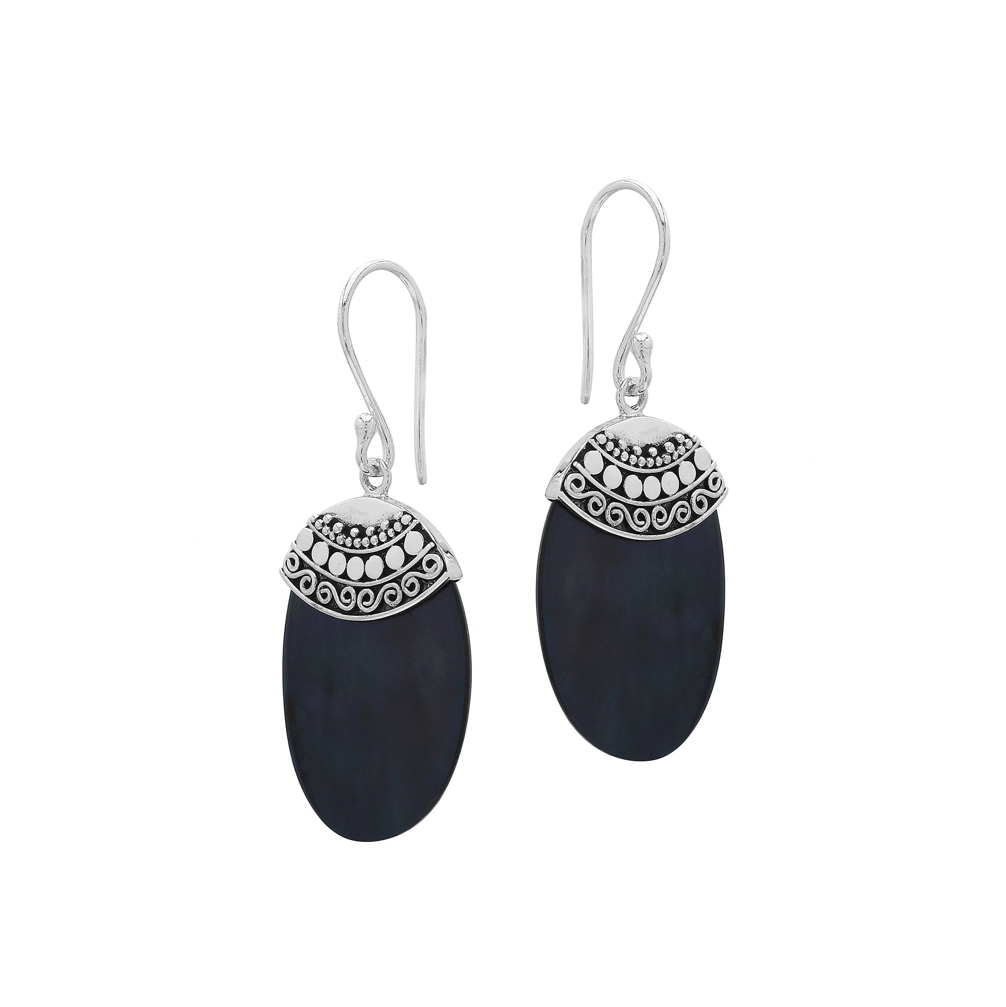 Wholesale sterling silver earrings featuring Black Shell ovals with an ornate patterned silver cap.
