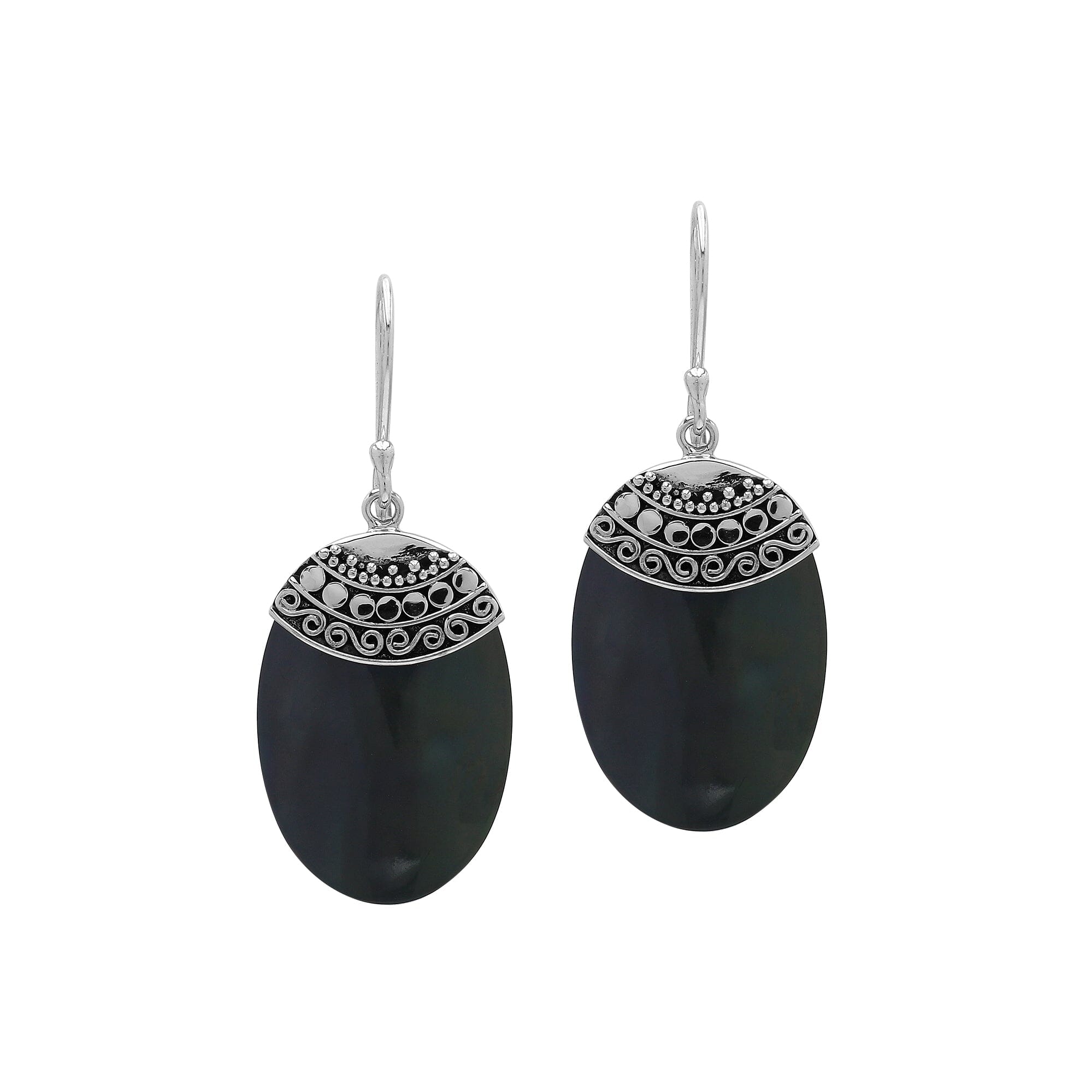 Wholesale sterling silver earrings featuring Black Shell ovals with an ornate patterned silver cap.