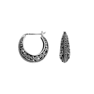Wholesale Sterling Silver patterned hoop earrings with oxidized swirl and beaded detailing.