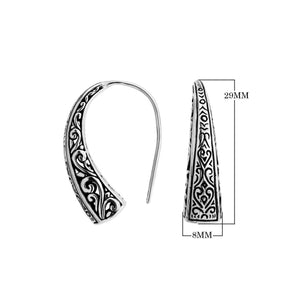 Wholesale Sterling Silver tapered curved earrings with oxidized scroll and geometric patterns.
