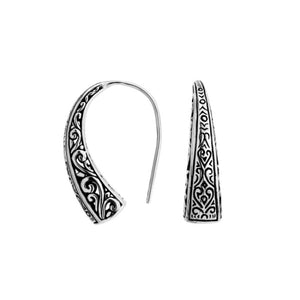 Wholesale Sterling Silver tapered curved earrings with oxidized scroll and geometric patterns.