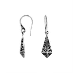 Wholesale sterling silver tapered geometric earrings with oxidized filigree scroll designs.