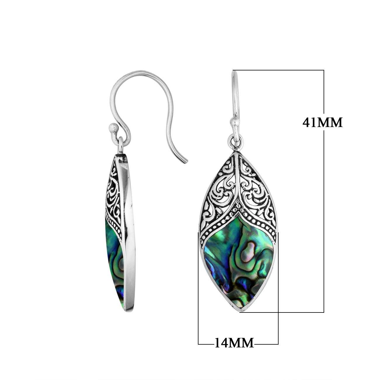 Wholesale sterling silver marquise earrings with Abalone Shell and ornate silver detailing.