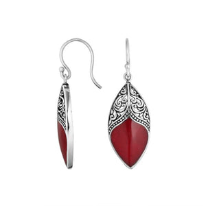 Wholesale sterling silver marquise earrings featuring Red Coral with ornate decorative silver accents.