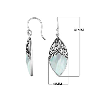 Wholesale sterling silver marquise earrings featuring Mother Of Pearl with ornate decorative silver accents.