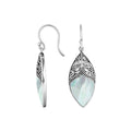 Wholesale sterling silver marquise earrings featuring Mother Of Pearl with ornate decorative silver accents.