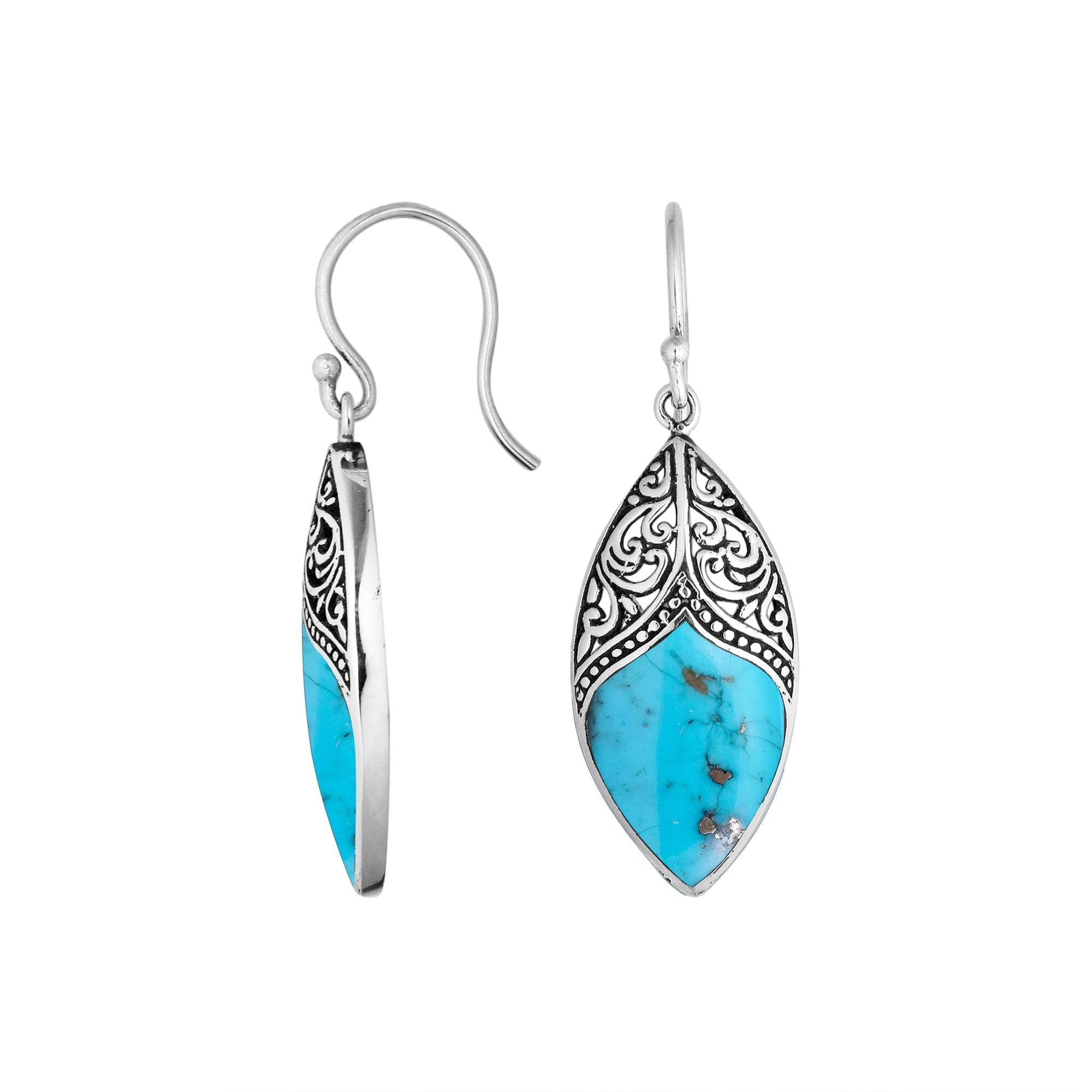 Wholesale sterling silver marquise earrings featuring Turquoise Shell with ornate decorative detailing.