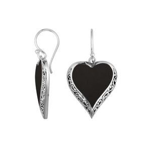 Wholesale Sterling Silver Black Shell Heart Earrings With Filigree Detailing