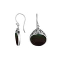 Black Shell Silver Teardrop Earrings With Scrollwork Pattern