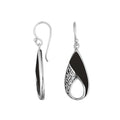 Wholesale Sterling Silver Black Shell pear earrings with openwork filigree detailing, earwire lock, and high-polish finish handcrafted in Bali.