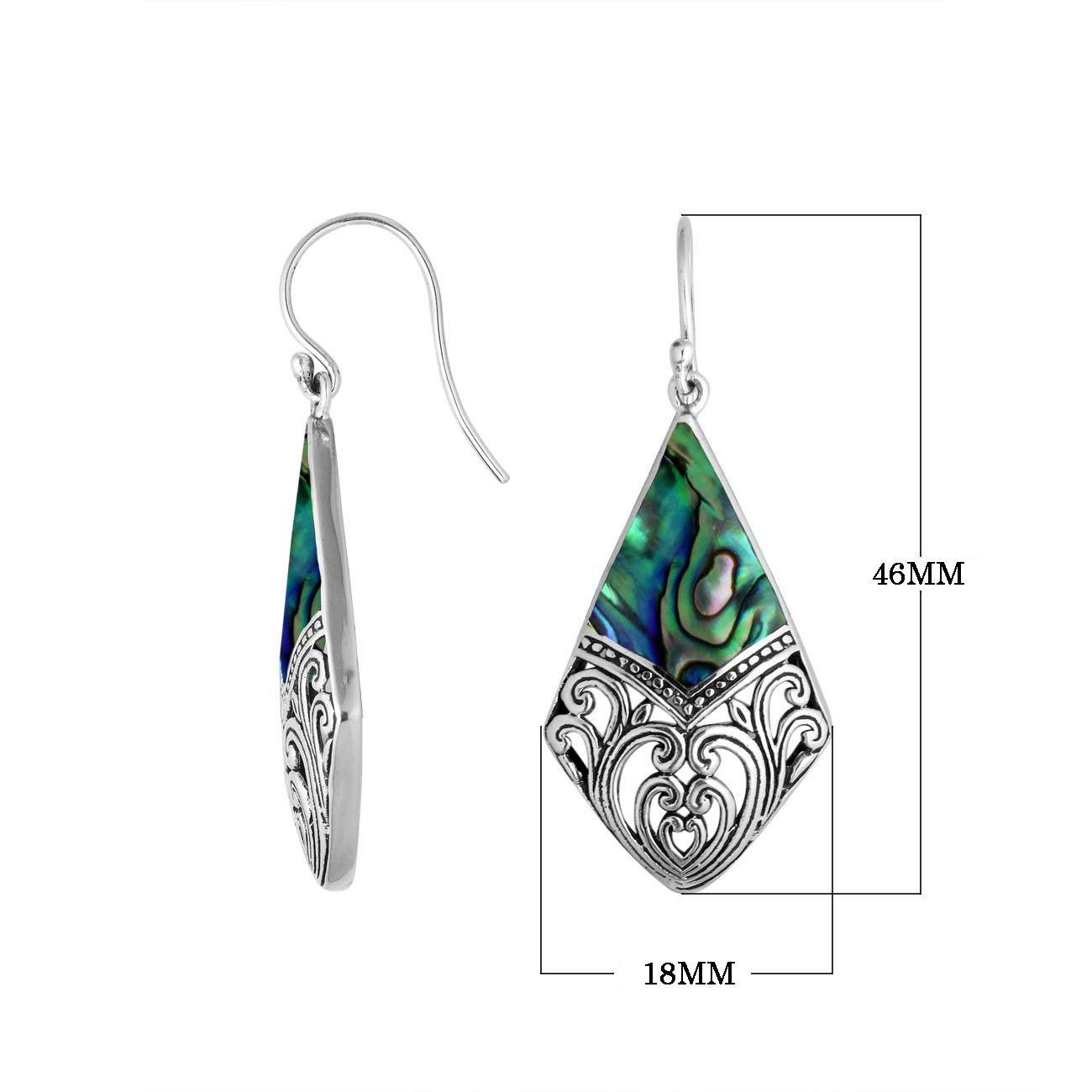 Wholesale Sterling Silver Abalone Shell diamond earrings with scroll filigree detailing, earwire lock, and high-polish finish handcrafted in Bali.