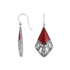 Wholesale Sterling Silver Red Coral diamond earrings with vintage filigree accents, earwire lock, and polished finish handcrafted in Bali.