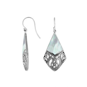 Wholesale Sterling Silver Mother Of Pearl diamond earrings with filigree design, earwire lock, and high-polish finish handcrafted in Bali.
