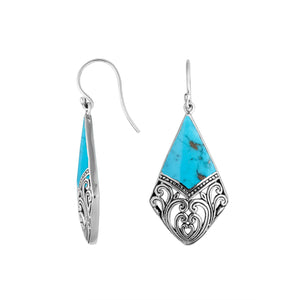 Wholesale Sterling Silver Turquoise Shell diamond earrings with cutout filigree design, earwire lock, and polished finish handcrafted in Bali.