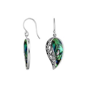 Wholesale Sterling Silver Abalone Shell leaf earrings with cutout filigree design, earwire lock, and polished finish handcrafted in Bali.
