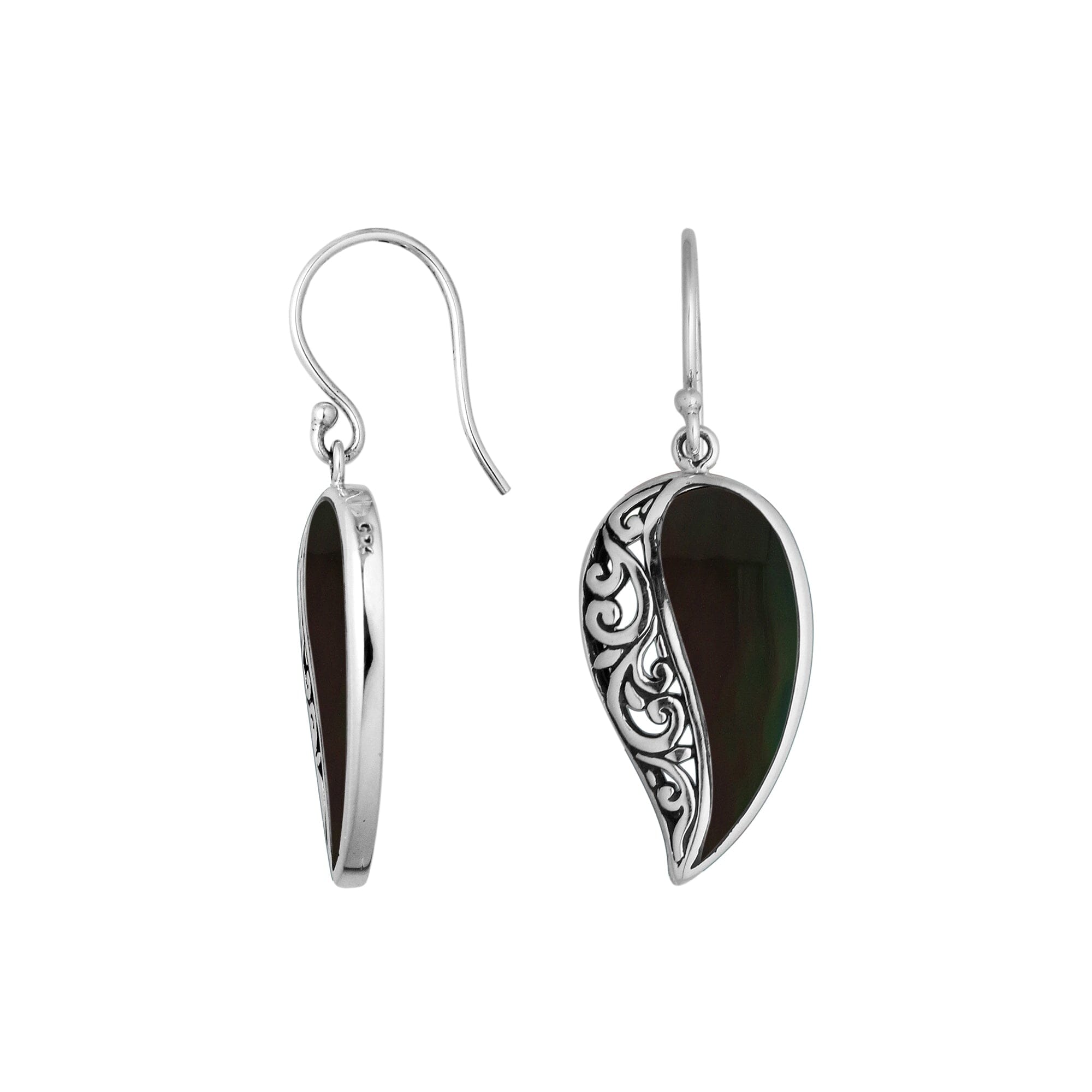 Wholesale Sterling Silver Black Shell leaf earrings with openwork filigree pattern and earwire lock handcrafted in Bali.