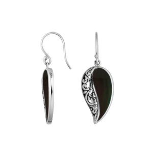 Wholesale Sterling Silver Black Shell leaf earrings with openwork filigree pattern and earwire lock handcrafted in Bali.