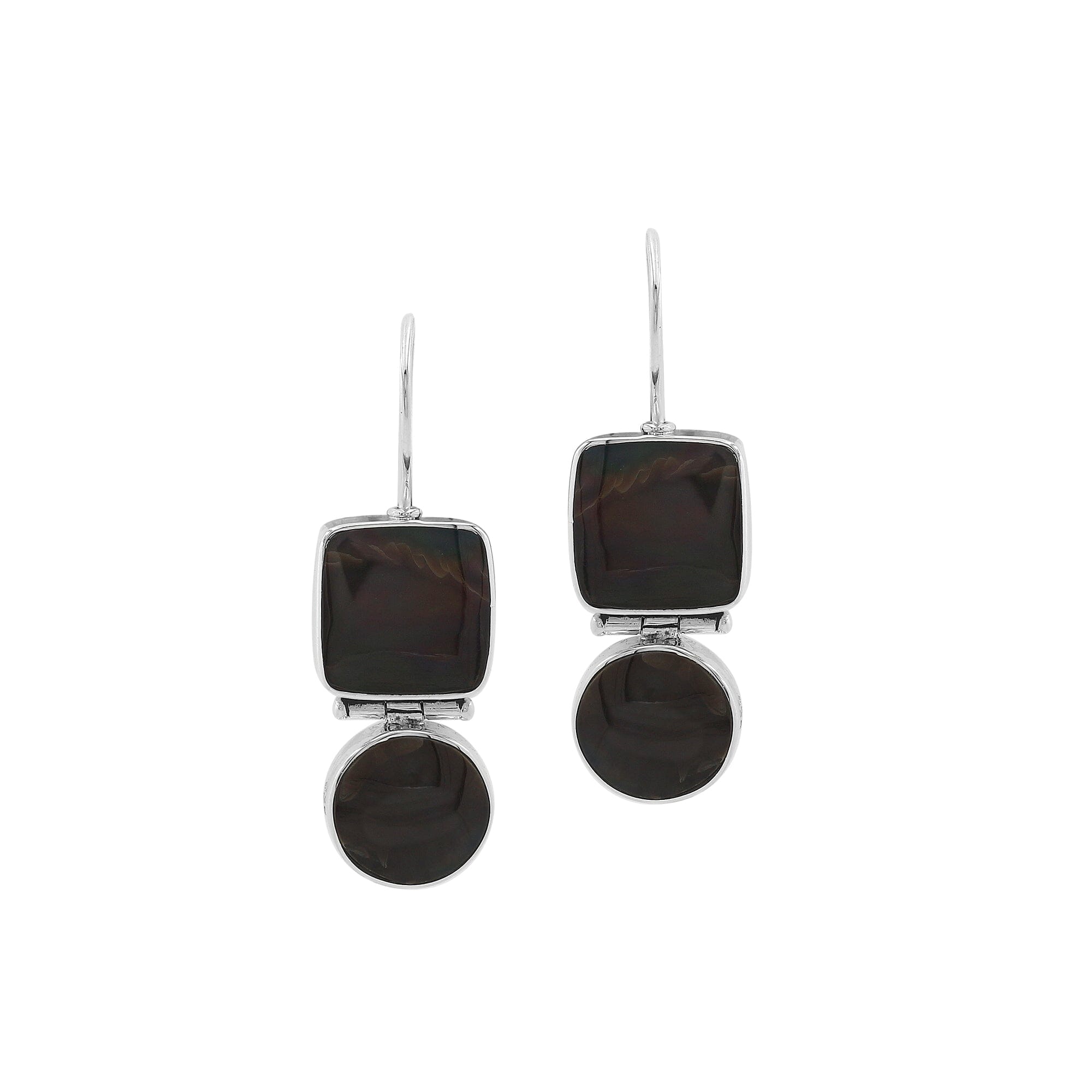 Wholesale Sterling Silver Black Shell hinged earrings with dual-shape design and earwire lock handcrafted in Bali.