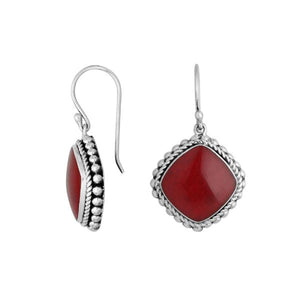 Wholesale Sterling Silver Red Coral cushion earrings with beaded frame design and earwire lock handcrafted in Bali.
