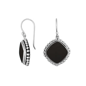 Wholesale Sterling Silver Black Shell cushion earrings with textured beaded frame and earwire lock handcrafted in Bali.