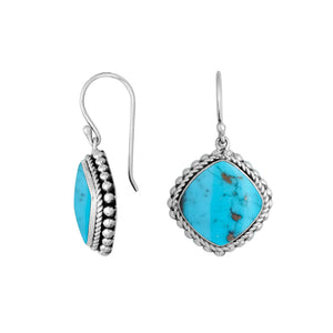 Wholesale Sterling Silver Turquoise Shell cushion earrings with beaded frame and earwire lock handcrafted in Bali.