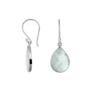 Wholesale Sterling Silver Mother Of Pearl pear drop earrings with polished frame and earwire lock handcrafted in Bali.