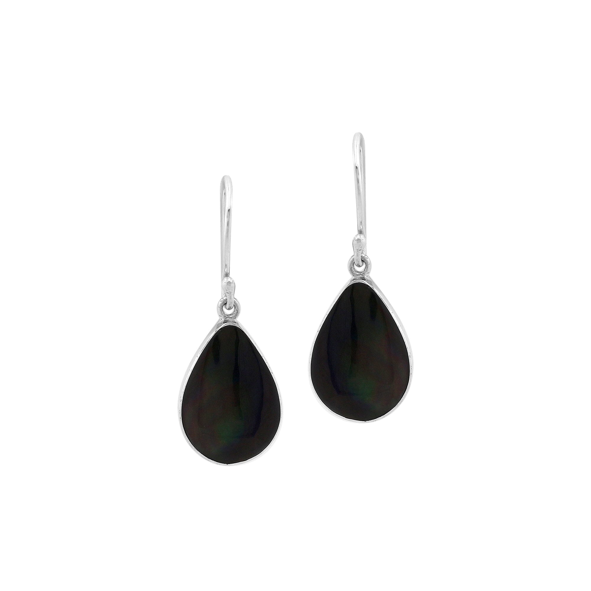 Wholesale Sterling Silver Black Shell pear drop earrings with sleek polished setting and earwire lock handcrafted in Bali.