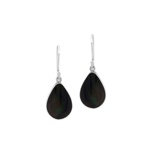 Wholesale Sterling Silver Black Shell pear drop earrings with sleek polished setting and earwire lock handcrafted in Bali.