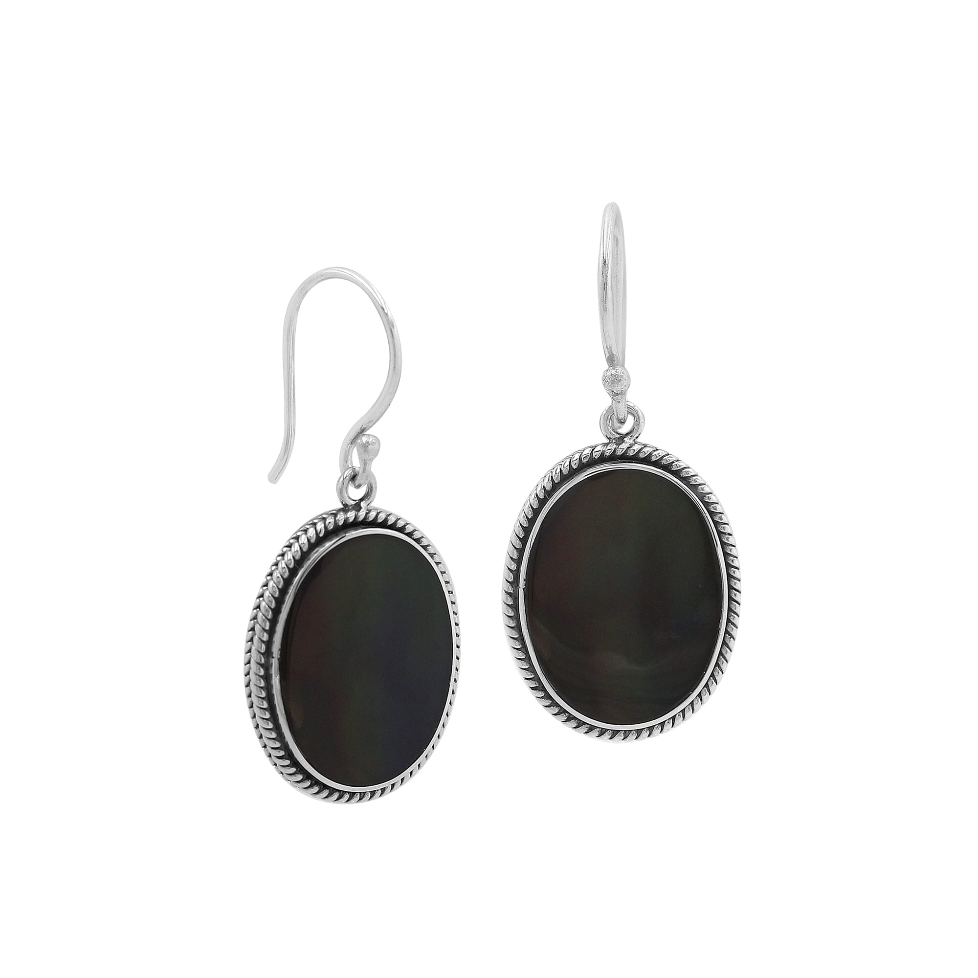 Wholesale Sterling Silver Oval Earrings With Black Shell And Rope Border
