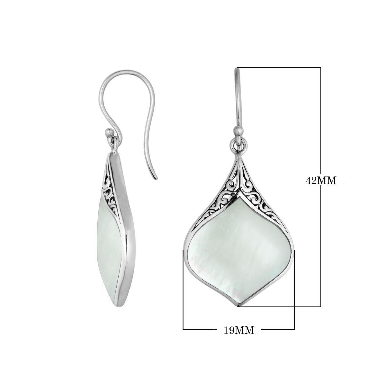 Silver contoured earrings with Mother Of Pearl and filigree accents