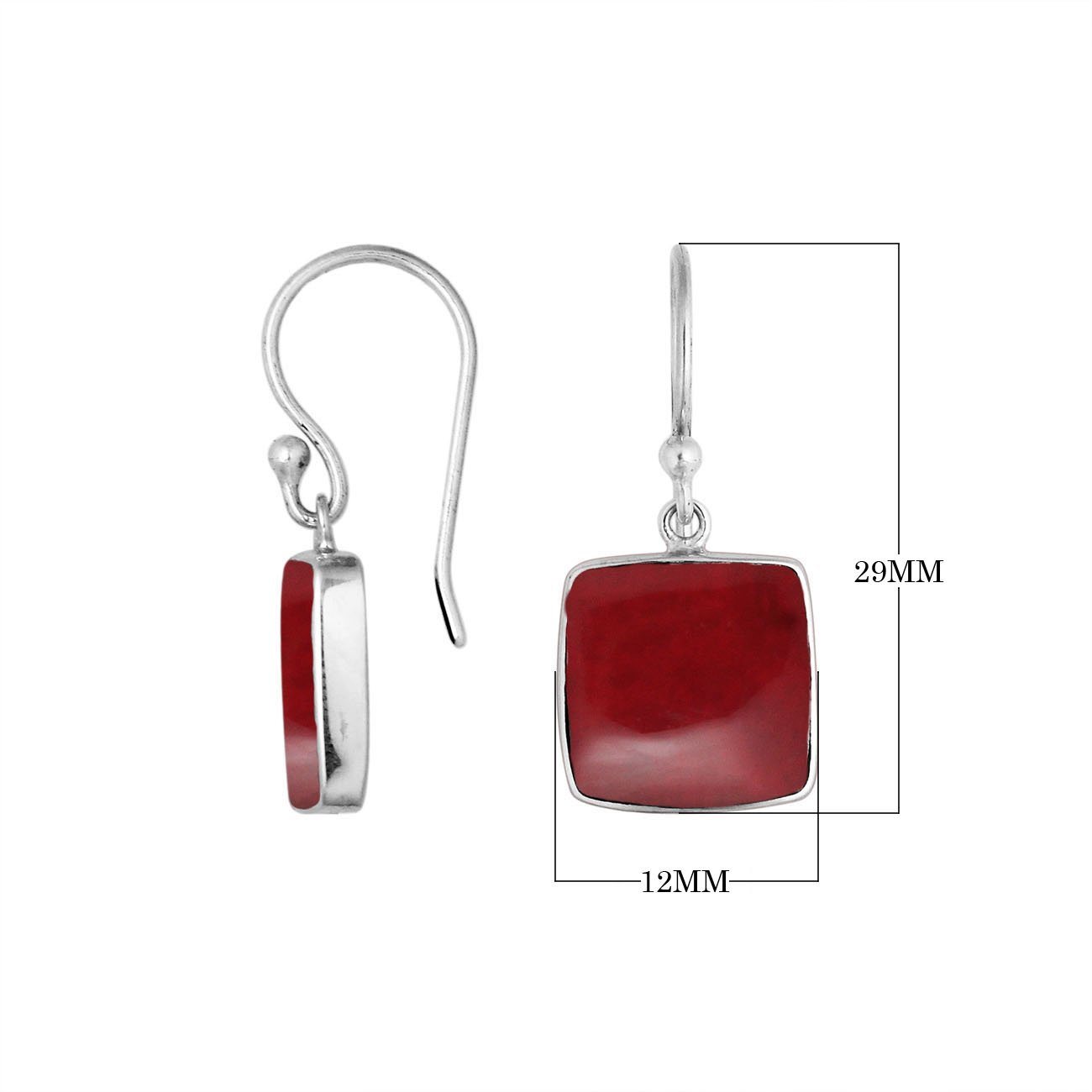 Wholesale sterling silver square Red Coral hook earrings with polished bezel detailing
